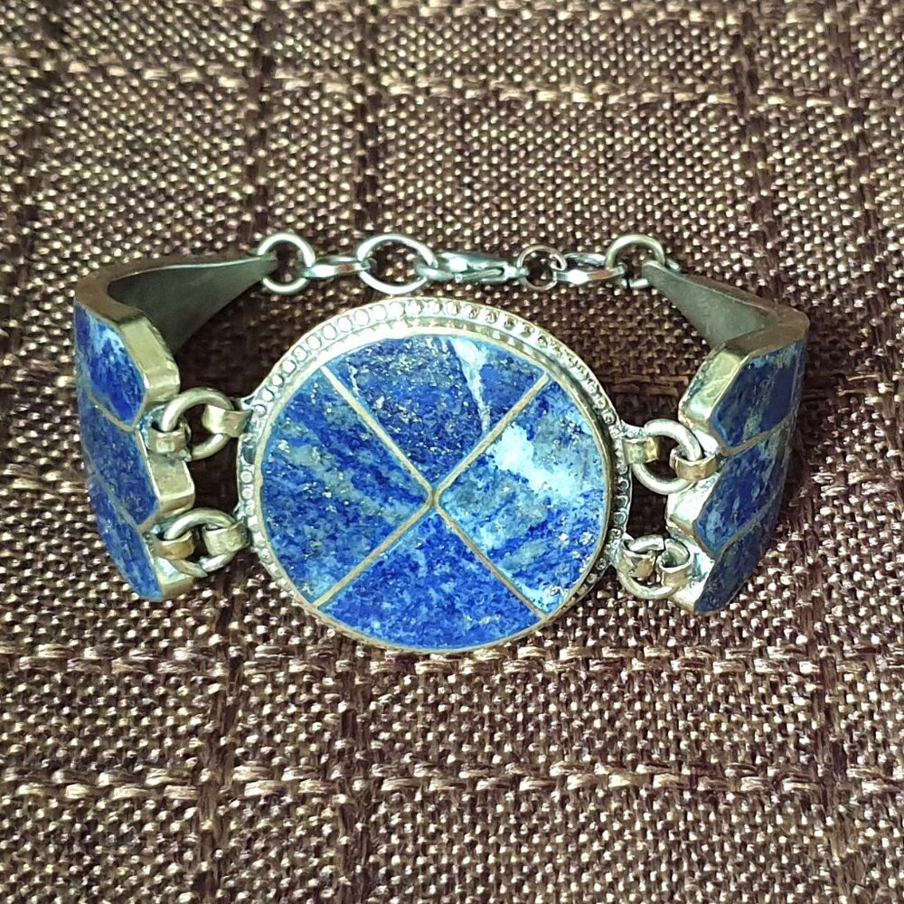 7'' Rare Bold Vintage Afghan Lapis Lazuli Inlay Silver Tone Bracelet
